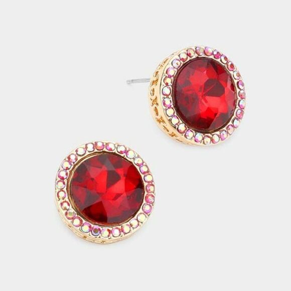 Rhinestone Trimmed Round Stone Red Evening Earrings - Picture 1 of 5